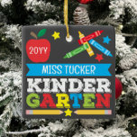 Kindergarten Teacher Keepsake Chalkboard Colourful Ceramic Ornament<br><div class="desc">Kindergarten teacher ornament design features an apple, a ruler, crayons and bold, colourful fun typography! Click the customize button for more options for modifying the text! Variations of this design, additional colours, as well as coordinating products are available in our shop, zazzle.com/store/doodlelulu. Contact us if you need this design applied...</div>