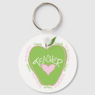 Kindergarten Teacher Pink and Green Apple Keychain