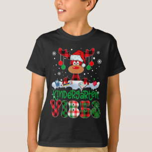 Kindergarten Vibes Teacher Buffalo Plaid Reindeer  T-Shirt