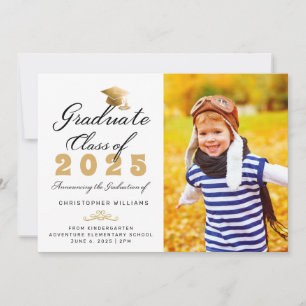 Kindergarten White Gold Script Photo Graduation Announcement