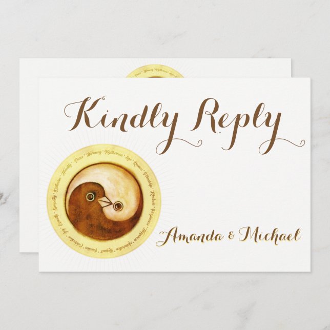 KINDLY REPLY WEDDING CARD Gold YinYang doves Harmo (Front/Back)