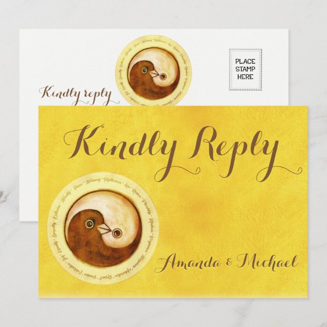 KINDLY REPLY WEDDING CARD Gold YinYang doves Harmo (Front/Back)