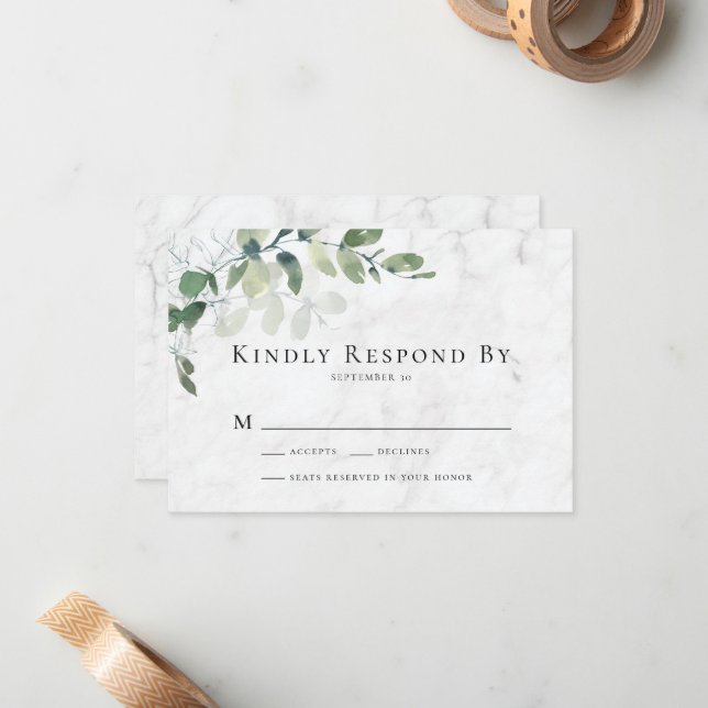 Kindly Respond Eucalyptus Marble RSVP Card (Front/Back In Situ)