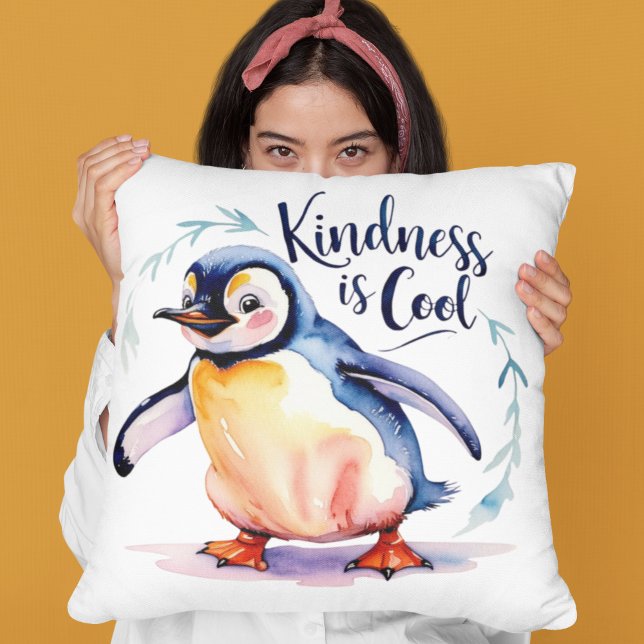 Kindness Is Cool Penguin Throw Pillow (Encourage kindness with this cute penguin, "Kindness is cool" throw pillow! )