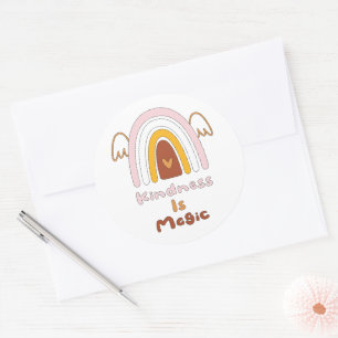 Kindness is magic motivational pink boho rainbow classic round sticker