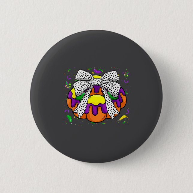 King Cake &amp; Coquette Bow Mardi Gras Fat Tuesda 2 Inch Round Button (Front)