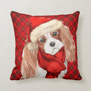 King Charles and Red Plaid Christmas Dog Throw Pil Throw Pillow