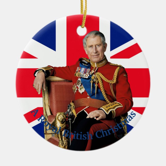 King Charles III British flag Christmas Greeting Ceramic Ornament (Front)