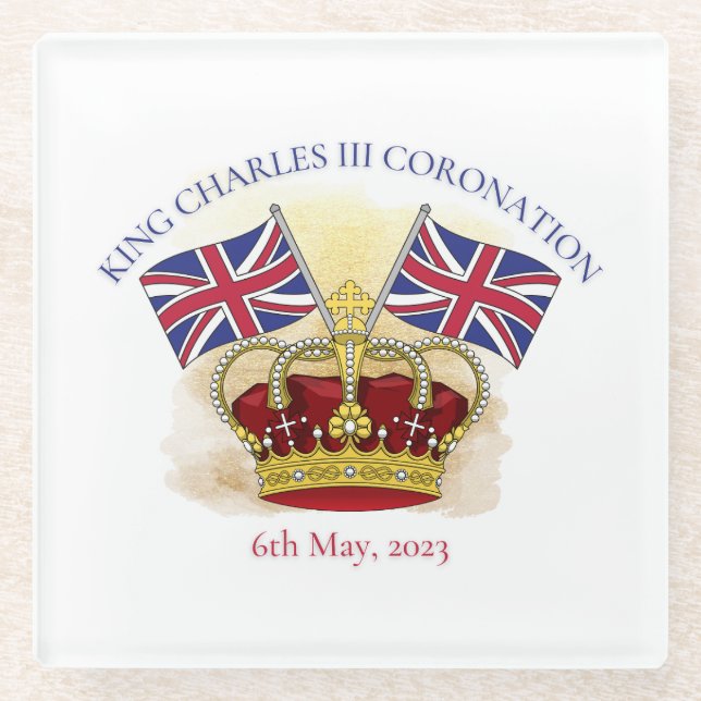 King Charles III Coronation Crown and Flags Glass Coaster (Front)