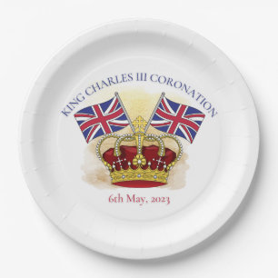 King Charles III Coronation Crown and Flags Paper  Paper Plate