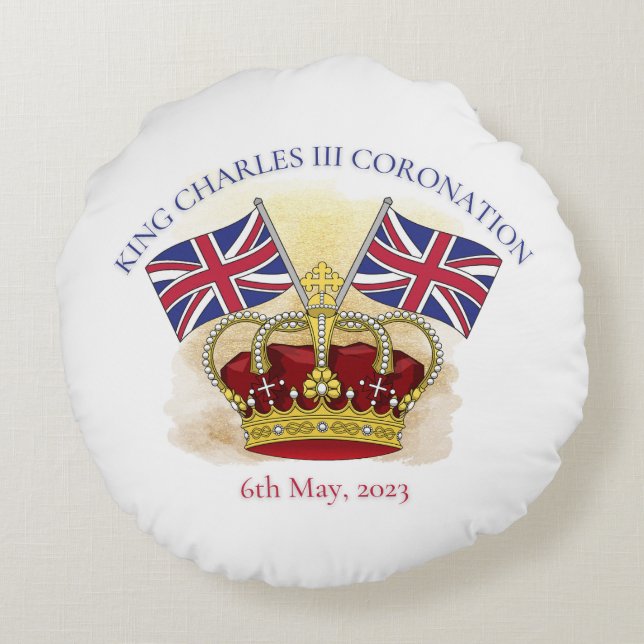 King Charles III Coronation Crown and Flags Round Pillow (Back)