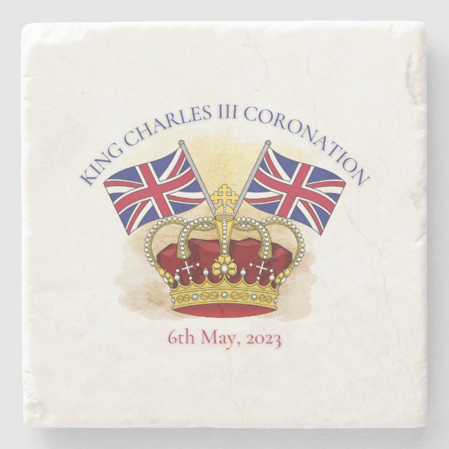 King Charles III Coronation Crown and Flags Stone Coaster (Front)