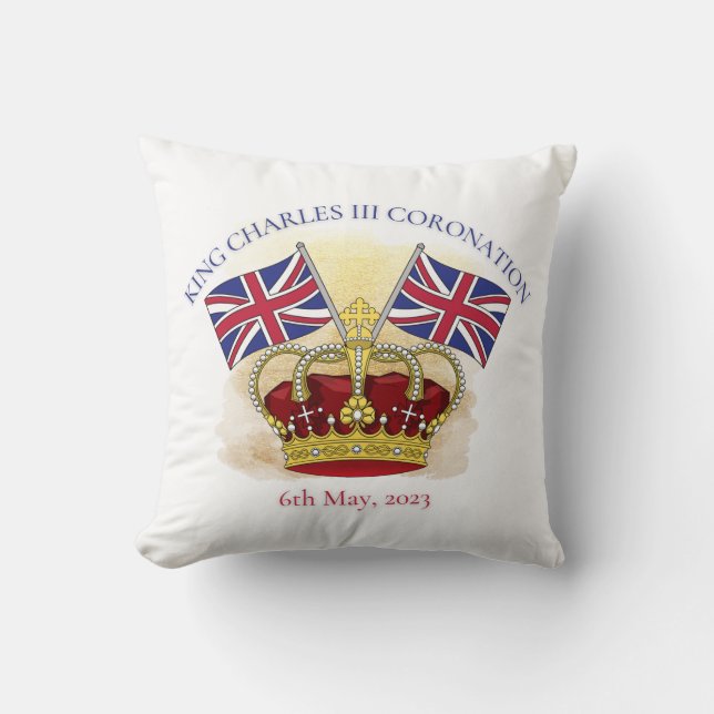 King Charles III Coronation Crown and Flags Throw Pillow (Front)