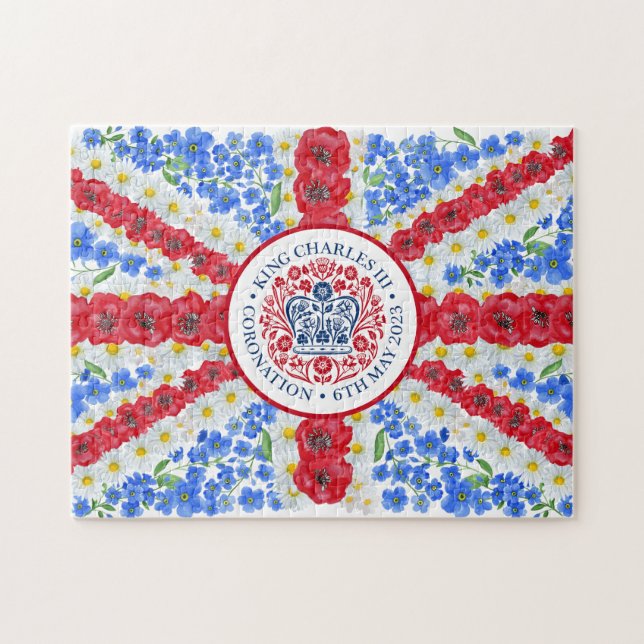 King Charles III Coronation Emblem Floral UK Flag Jigsaw Puzzle (Horizontal)