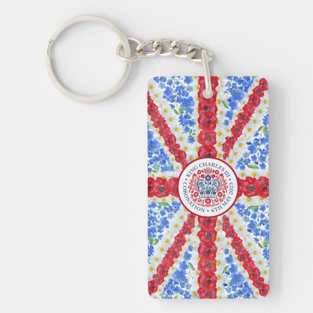 King Charles III Coronation Emblem Floral UK Flag Keychain (Front)