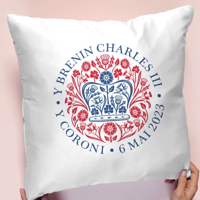 King Charles III Coronation Emblem in Welsh Throw Pillow (Creator Uploaded)
