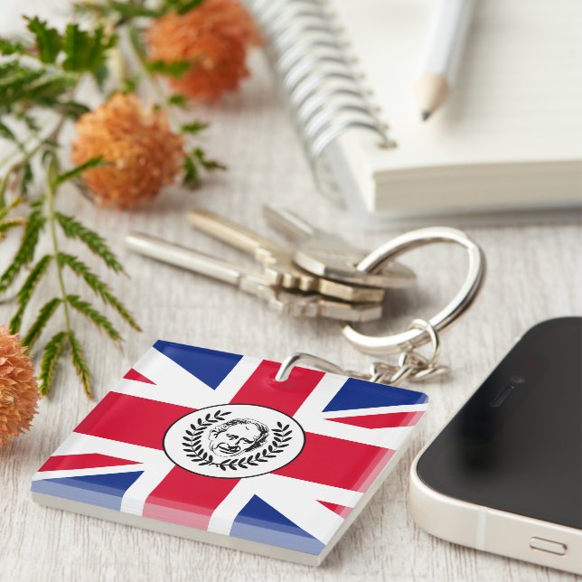 King Charles III on British Union Jack Flag Keychain (Front Right)