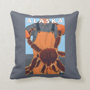 King Crab and Fisherman Vintage Travel Poster Throw Pillow