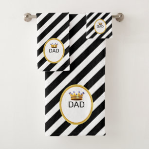 King Dad's Crown on Black & White Striped Bath Towel Set