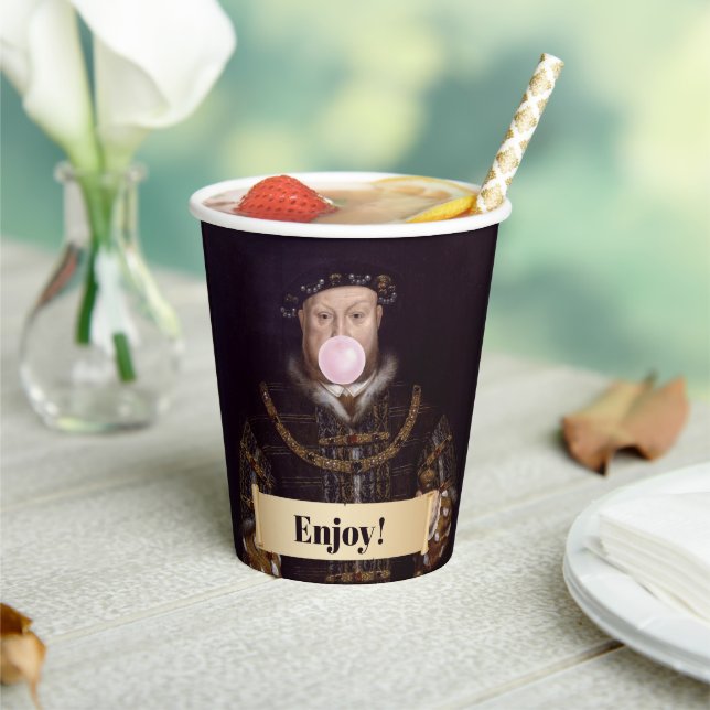 King Henry VIII Blowing Pink Bubble Gum Paper Cups (Insitu)