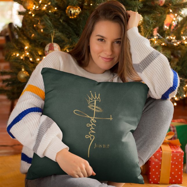 KING JESUS Elegant Green/Gold Christian Christmas  Throw Pillow (Creator Uploaded)