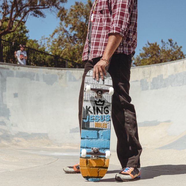 King Jesus Rules White Brick Graffiti Christian Skateboard (Outdoor 2)