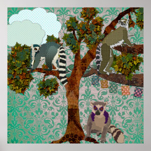 King Jullian & Lemurs Out On A Limb Green Damask P Poster
