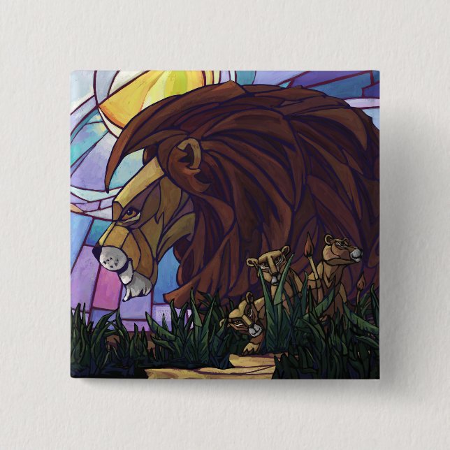 King Lion and Cubs 2 Inch Square Button (Front)