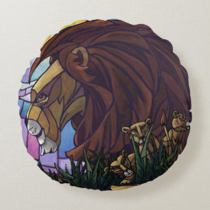 King Lion and Cubs Round Pillow