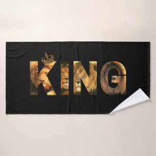 "KING Lion Lettering" Design on Black Bath Towel Set