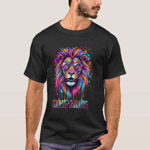 King Mode Lion Shirt, Colorful Neon Lion Graphic   T-Shirt