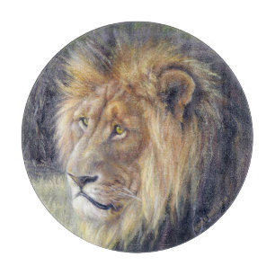 King of Beasts 12" round glass cutting board. Board