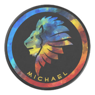 King of the jungle lion watercolor name monogram hockey puck