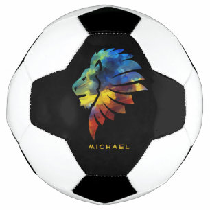 King of the jungle lion watercolor name monogram soccer ball