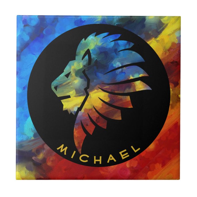 King of the jungle lion watercolor name monogram tile (Front)