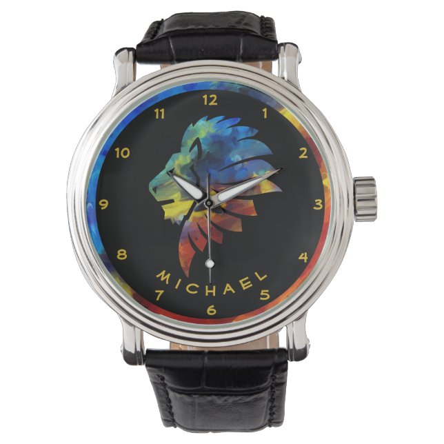 King of the jungle lion watercolor name monogram watch (Front)