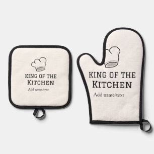 King of the kitchen chef cooking add name crown ha oven mitt & pot holder set