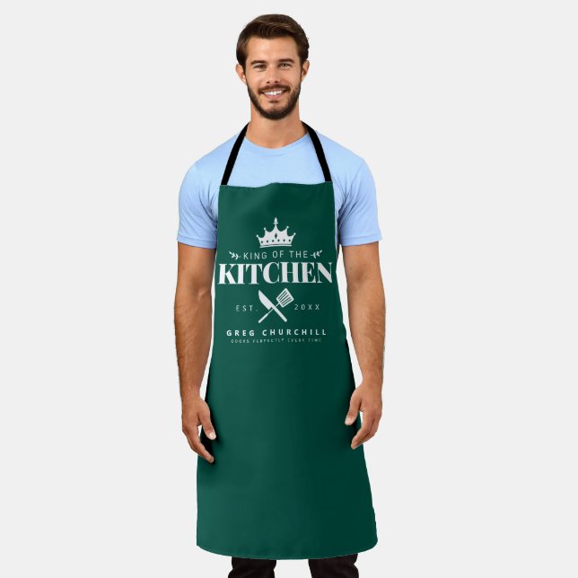 King of The Kitchen Foodie Men Personalized Green Apron (Worn)