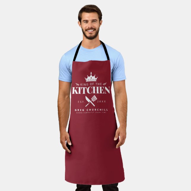 King of The Kitchen Foodie Men Personalized Red Apron (Worn)