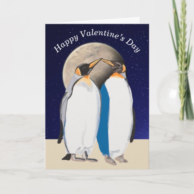 King Penguins and Large Moon Valentines Holiday Card (Front)