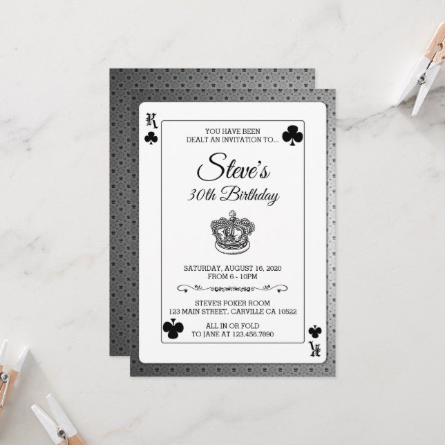 King Poker Playing Card Birthday Invitation (Front/Back In Situ)