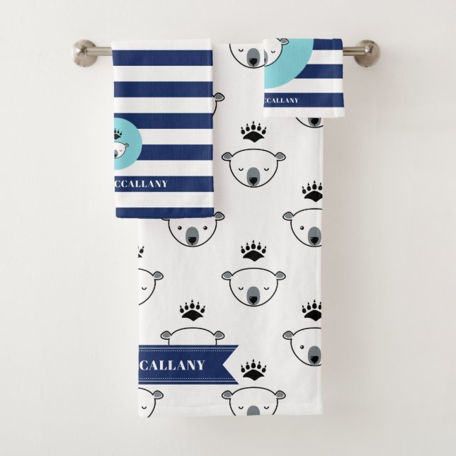 King Polar Bear & Stripes - Custom Name Bath Towel Set (Insitu)