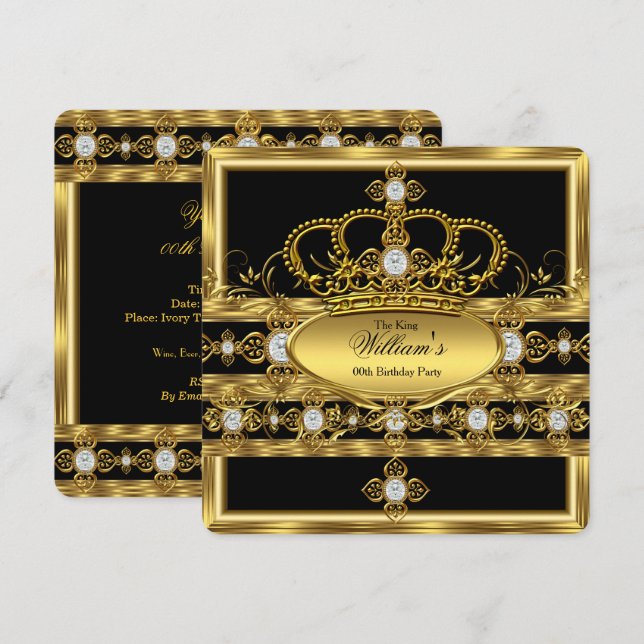 King Prince Queen Royal Gold Diamond Crown Party Invitation (Front/Back)