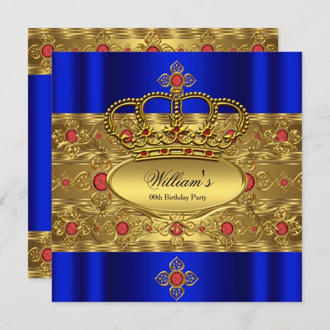 King Prince Royal Blue Gold Red Crown Birthday Invitation (Front/Back)