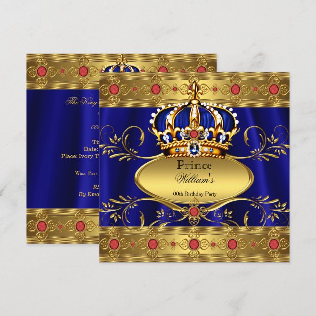King Prince Royal Blue Regal Red Crown Birthday 3 Invitation (Front/Back)