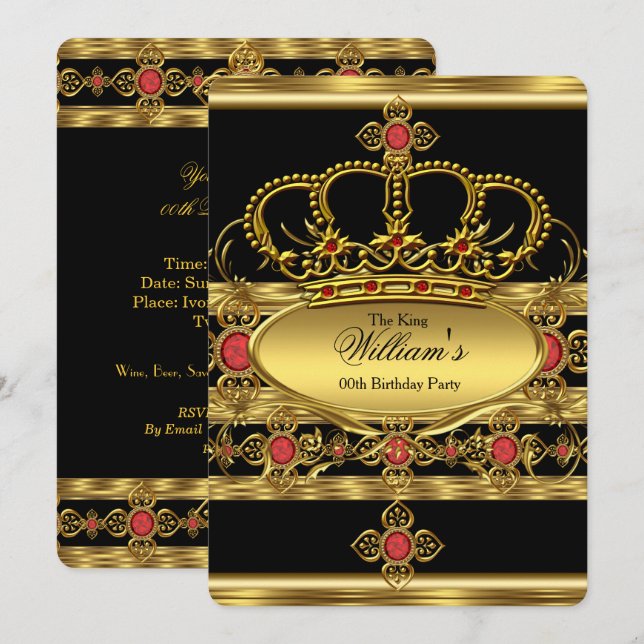 King Prince Royal Gold Red Crown Birthday Party 2 Invitation (Front/Back)