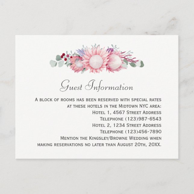 King Protea Botanical Wedding Guest Information Postcard (Front)