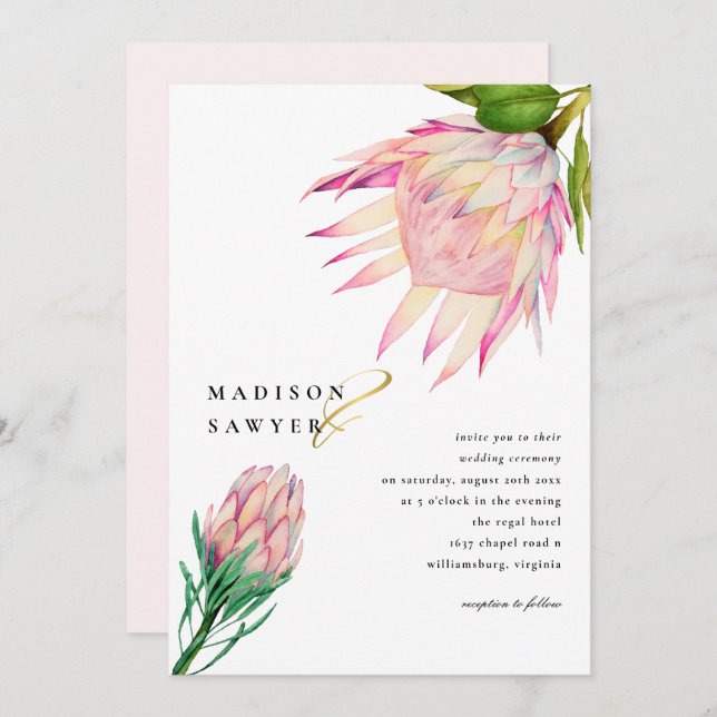 King Protea Pink Watercolor Flower Wedding Invitation (Front/Back)