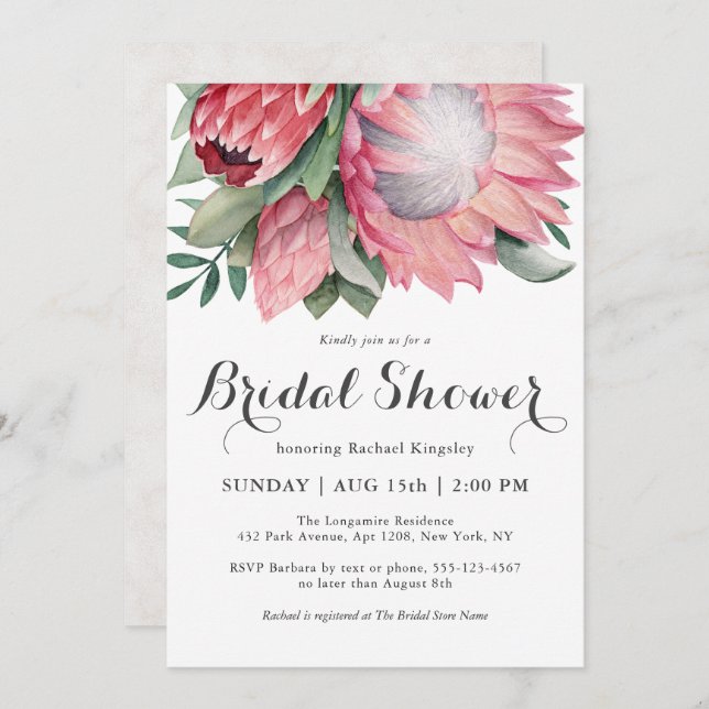 King Protea Watercolor Botanical Bridal Shower Invitation (Front/Back)