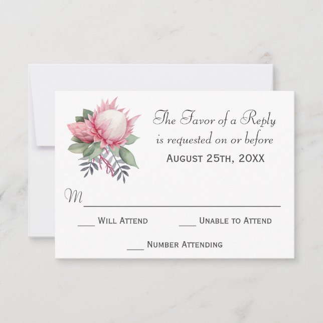 King Protea Watercolor Botanical Wedding RSVP Card (Front)